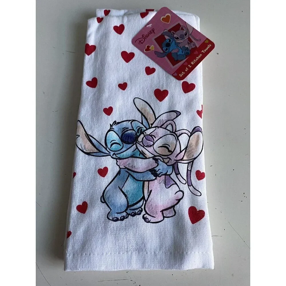 2 Pack Disney Stitch And Angel Kitchen‎ Towels Hearts Valentine's Day Love NEW
